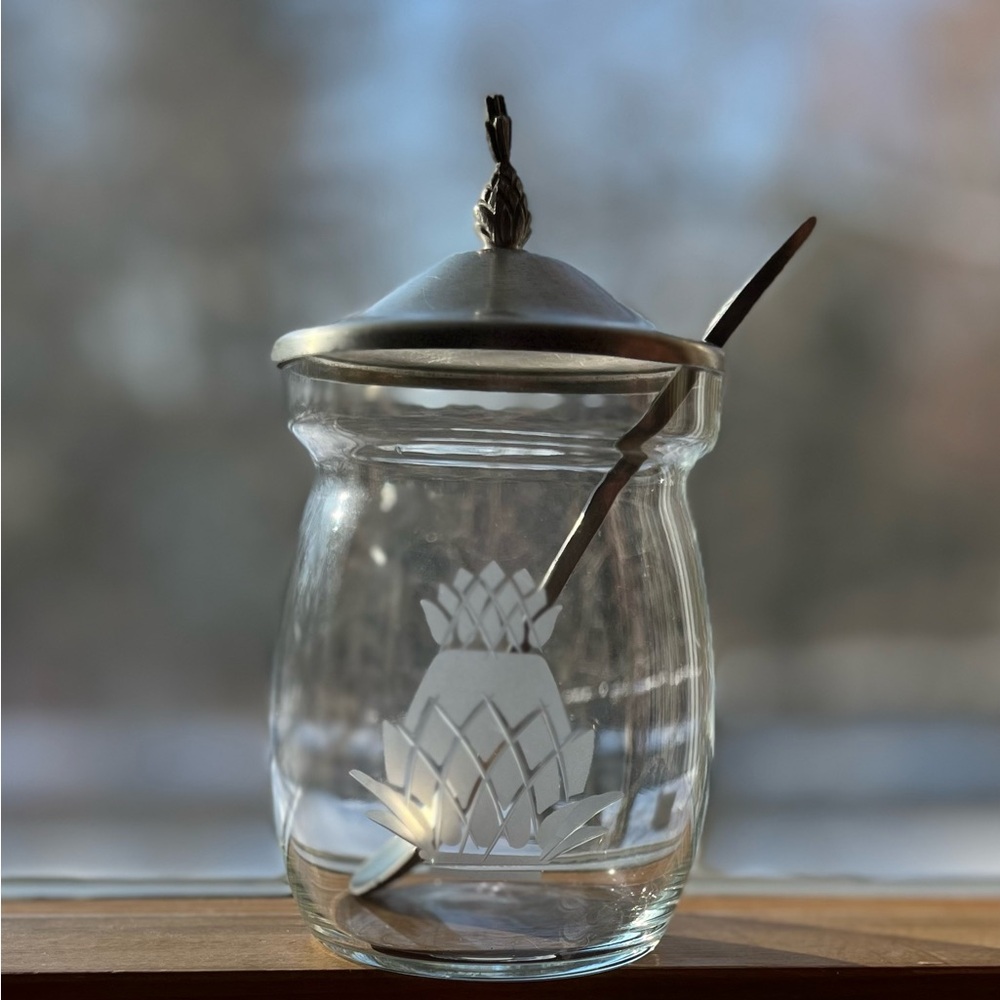 Vintage Etched Glass, Pewter Lid & Spoon Jelly Jar Connecticut House Pineapple